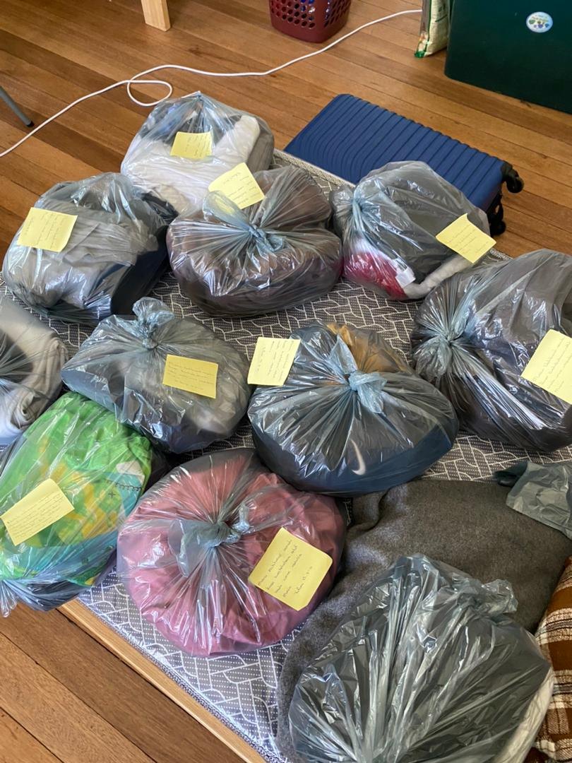 Care packages bagged and labelled, ready for distribution